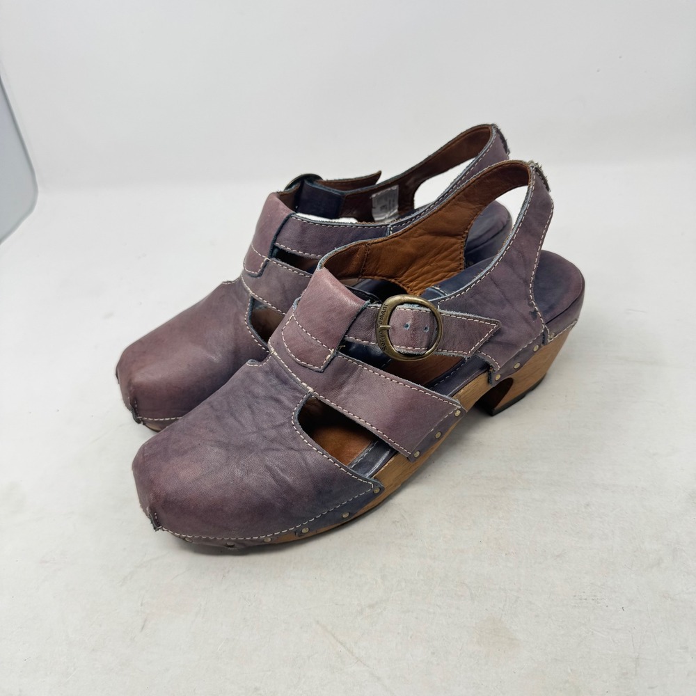 Sergio Tomani Clog Sandals Purple 39 Leather Wooden Heel Boho Artisan Strappy